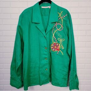 Vintage 80s Jerri Sherman Green Linen Shirt Nautical Embroidered Size 10